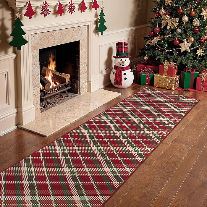 Christmas 2x10 Runner Rug,Red Checkered Runners for Hallways,Xmas Kitchen Rug Buffalo Plaid,Machi... | Amazon (US)