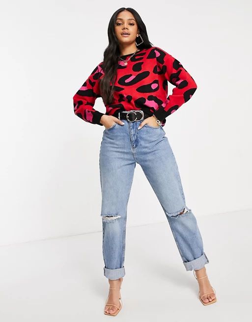 Liquorish knitted jumper in oversized leopard print in red | ASOS (Global)