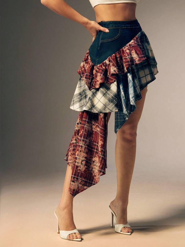 Denimoi Acid Wash Plaid Asymmetrical Ruffle Layered High Rise Denim Skirt Summer Style Fashionable Streetwear Everyday Wear | SHEIN