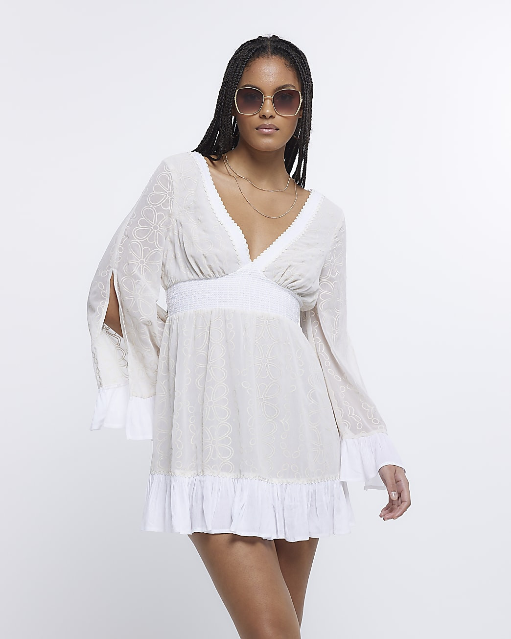 White floral embroidered beach mini dress | River Island (US)