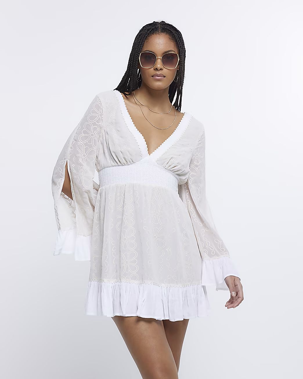 White floral embroidered beach mini dress | River Island (US)
