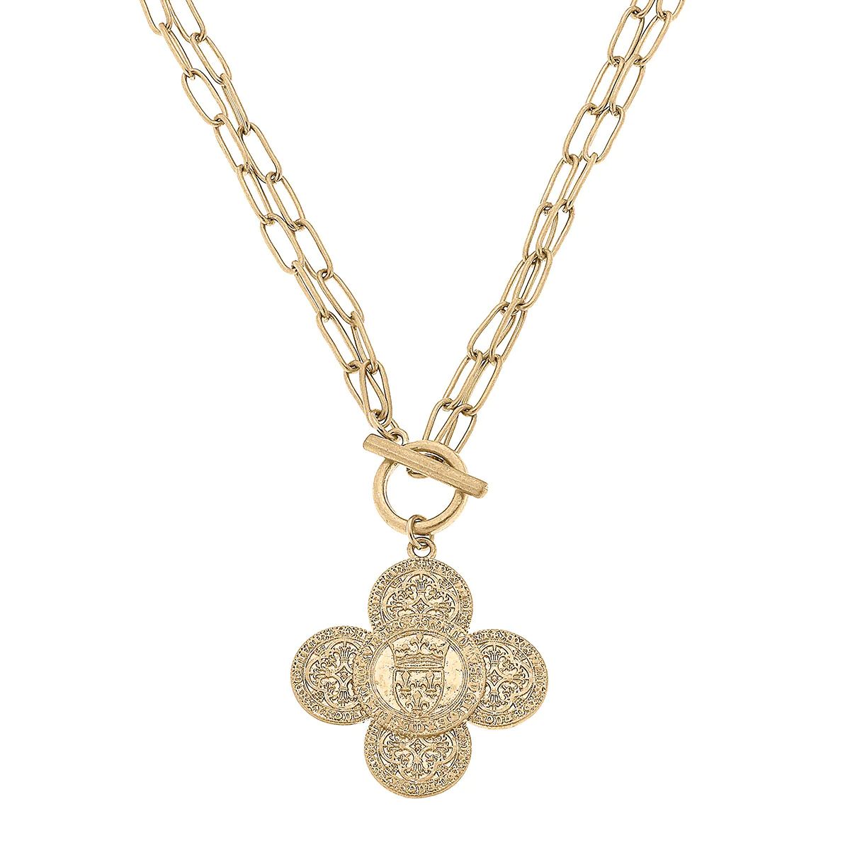 CANVAS Style x MaryCatherineStudio French Quatrefoil T-Bar 2 in 1 Necklace in Worn Gold | CANVAS