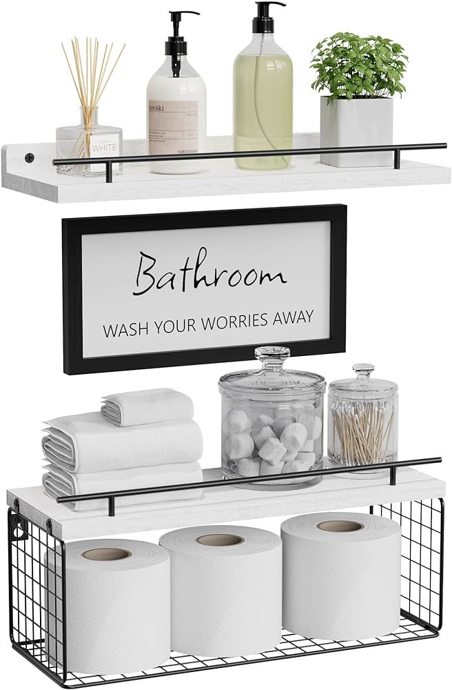 WOPITUES Floating Shelves with Bathroom Wall Décor Sign, Wood Floating Bathroom Shelves over Toi... | Amazon (US)