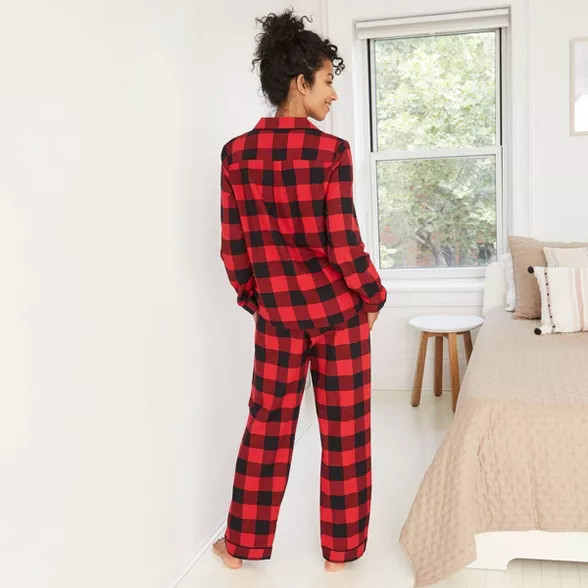 Women's Plaid Perfectly Cozy Flannel Long Sleeve Notch Collar Top and Pants Pajama Set - Stars Ab... | Target