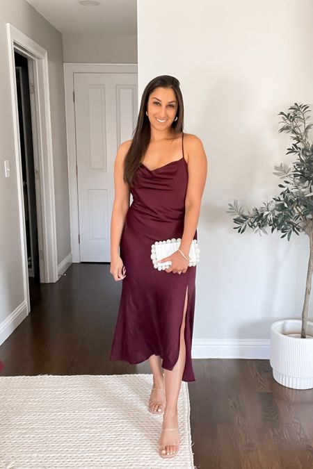 Fall wedding season is in full swing and this satin midi dress in the prettiest brown color is such a good option for a wedding guest dress or rehearsal dinner dress! ✨🤎

Fall Wedding guest dress, fall petite wedding guest dress, brown satin midi, fall wedding, cult gaia dupe, astr, dolce vita, bridesmaid dress, wedding guest clutch, wedding guest bag 

#LTKfindsunder100 #LTKwedding #LTKstyletip