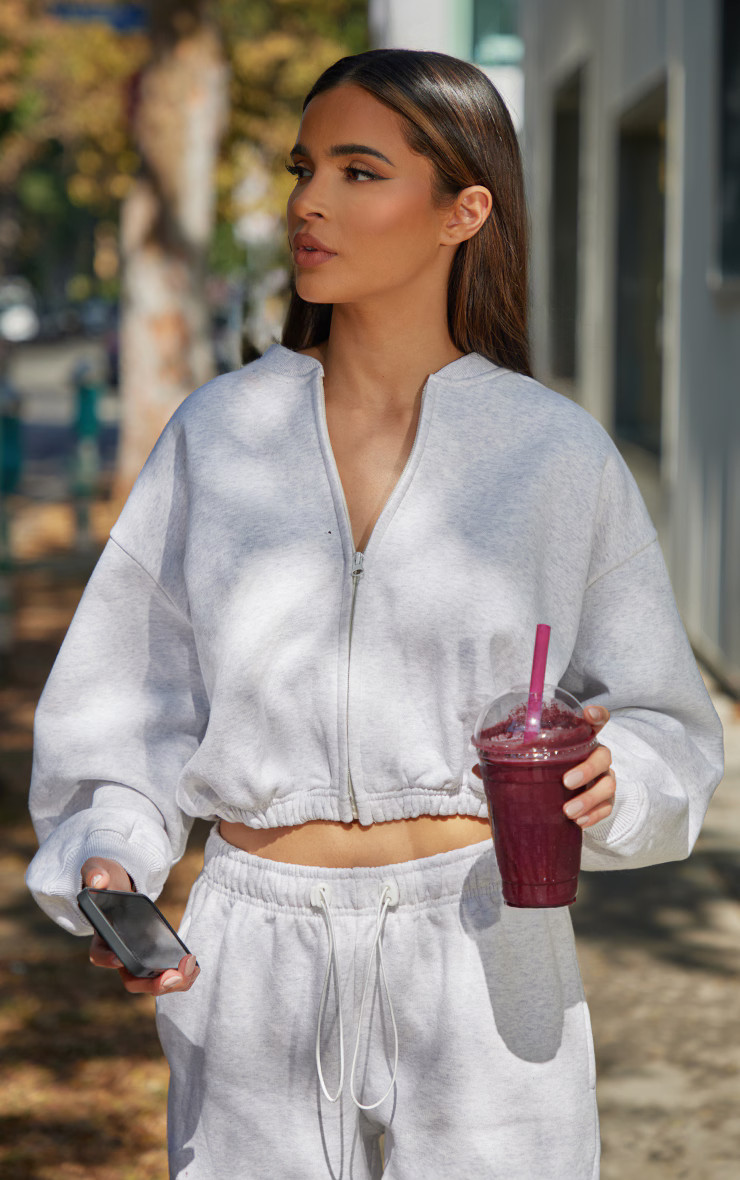 Ash Grey Drawcord Waist Cropped Zip Up Sweatshirt | Sweat | PrettyLittleThing US