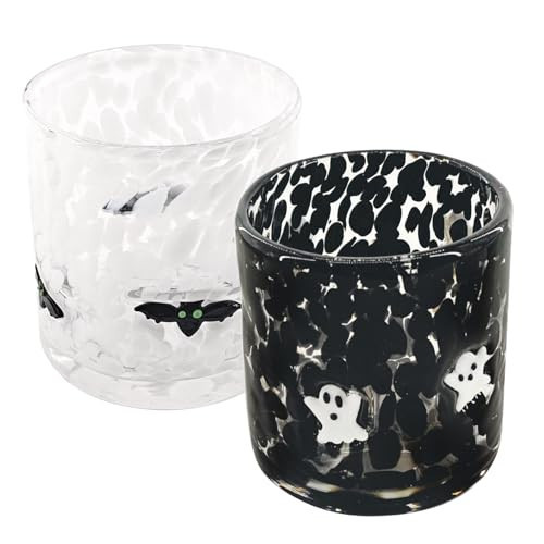YOSMAKIY 2pcs Halloween Glass Cups，16 Oz Cute Icons Juice Glasses - Double Old Fashioned Hand Blown Drinking Glass with Ghost And Bat Patterns | Amazon (US)