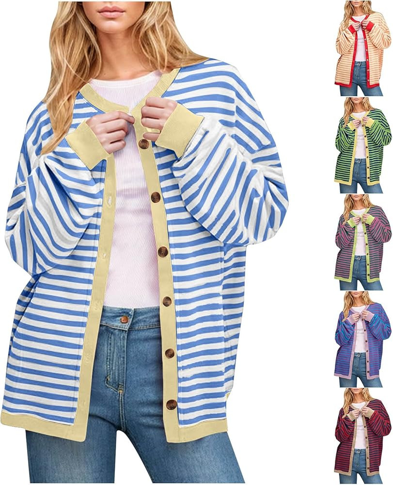 Cardigan Sweaters for Women Oversized Striped Cardigans Lightweight Open Front Button Down Knit C... | Amazon (US)