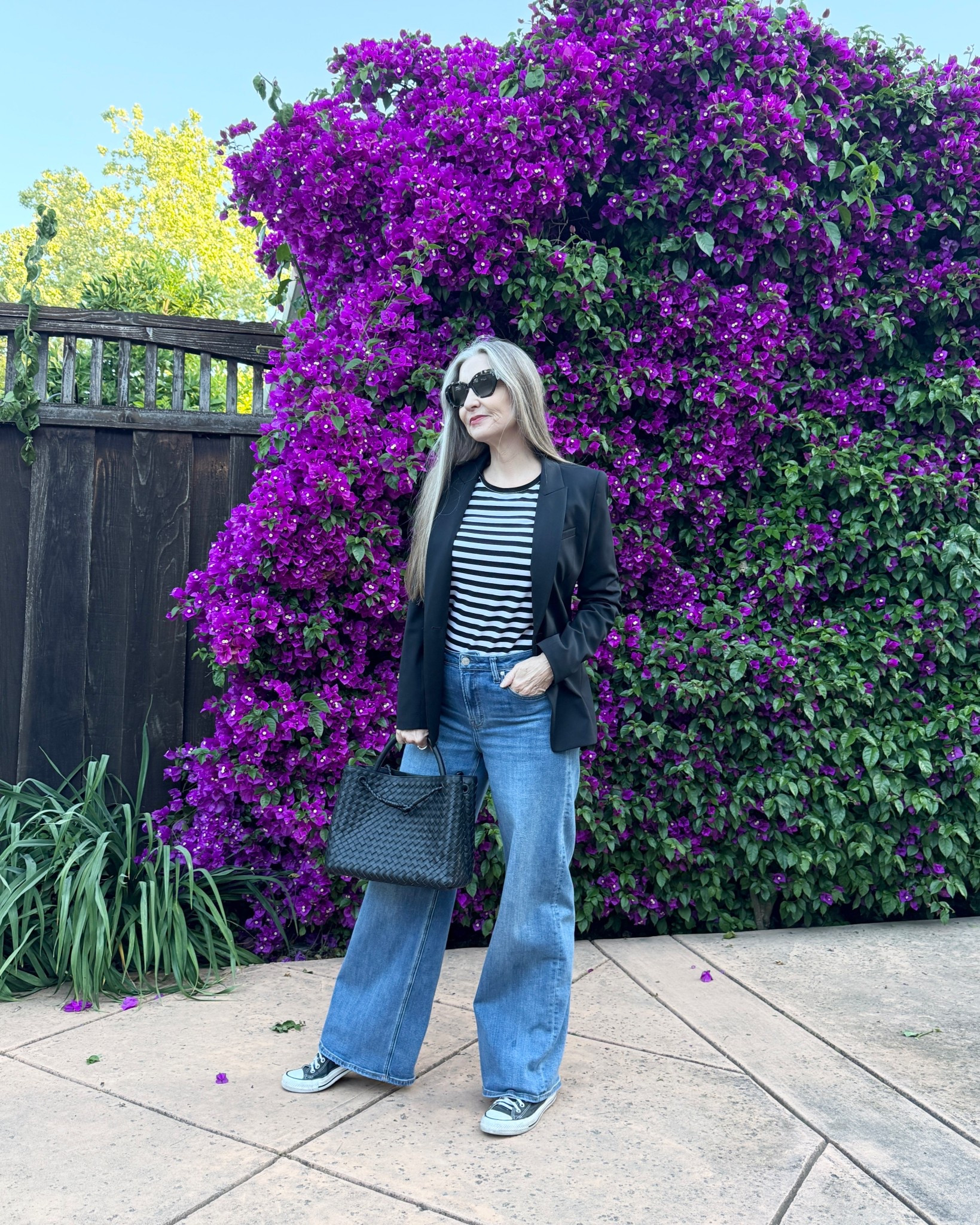 Capsule wardrobe, minimalist style. Striped top, wide leg jeans, classic blazer, sneakers, woven bag. #favoritejeans #capsule #minimalist

#LTKOver40 #LTKMidsize #LTKootd