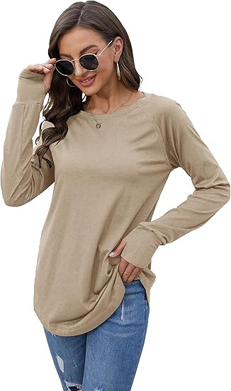 Fisoew Women's Casual Long Sleeve Tops Crew Neck Round Hem Loose T-Shirts Tunic Tops with Thumb H... | Amazon (US)