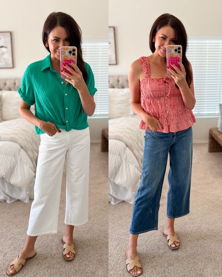 Old Navy, high-rise cropped, flares on sale and restocked!! go down one size they run big❣️
Medium gingham top 
Small green button up top 
Target sandals run true to size 

#LTKSaleAlert #LTKFindsUnder50 #LTKSeasonal