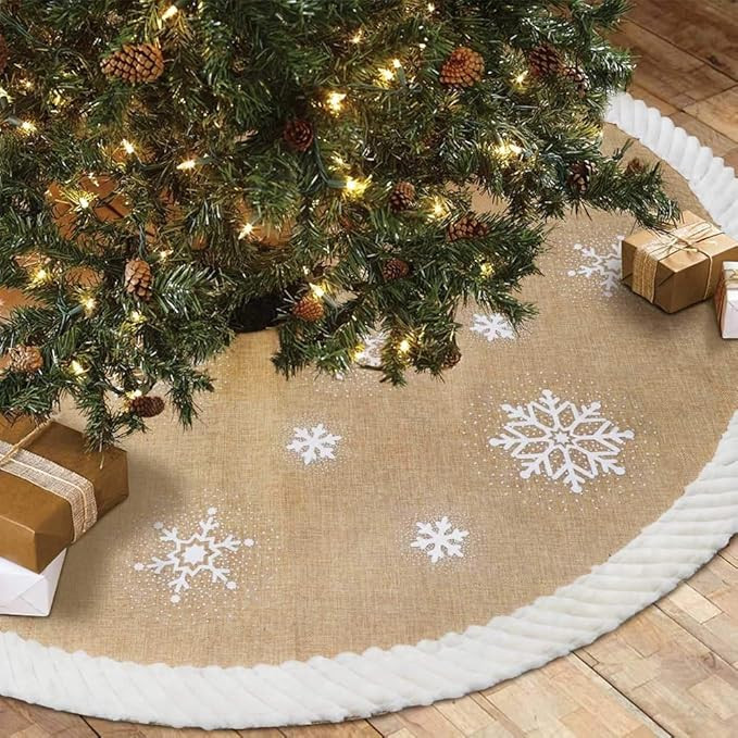 AerWo 48inch Christmas Tree Skirt with White Snowflake, Burlap Tree Skirt with Fur Sides Farmhous... | Amazon (US)