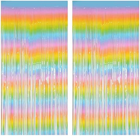 Muhome Rainbow Foil Fringe Curtain, 2PCS 3.28FT x 8.2FT Metallic Tinsel Door Curtains Photo Booth Ba | Amazon (US)