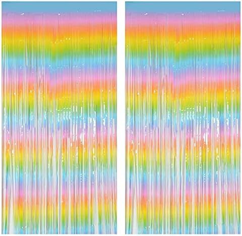 Muhome Rainbow Foil Fringe Curtain, 2PCS 3.28FT x 8.2FT Metallic Tinsel Door Curtains Photo Booth Ba | Amazon (US)