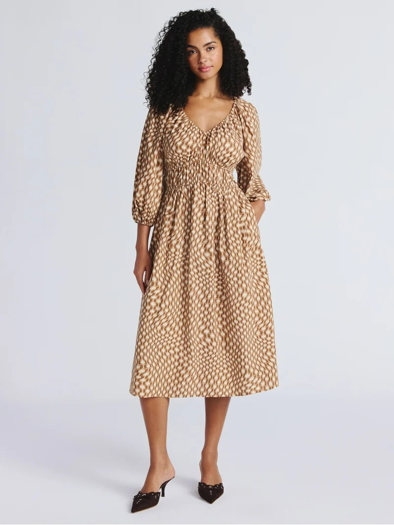 Time and Tru Women's Cinch Waist Midi Dress with Long Sleeves, Sizes XS-XXXL | Walmart (US)