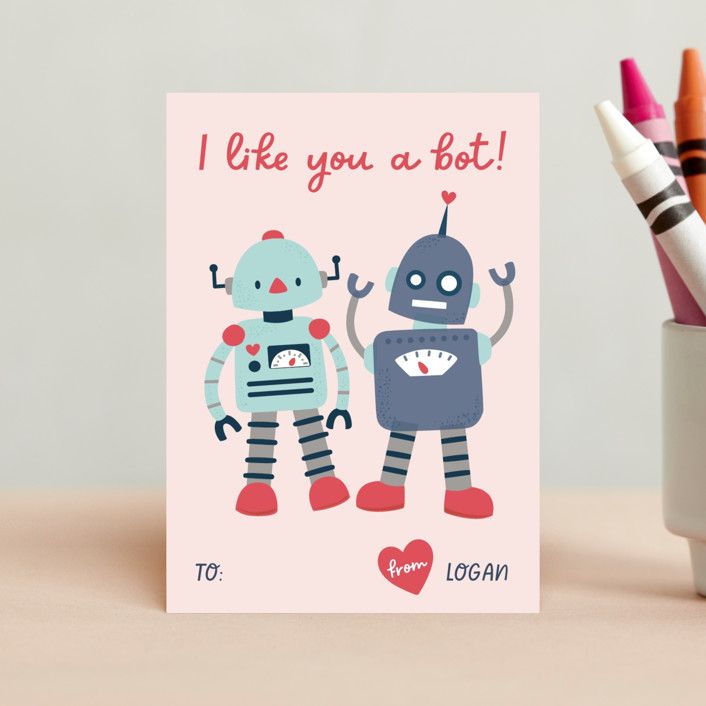 "bots" - Customizable Classroom Valentine's Cards in Pink by peetie design. | Minted