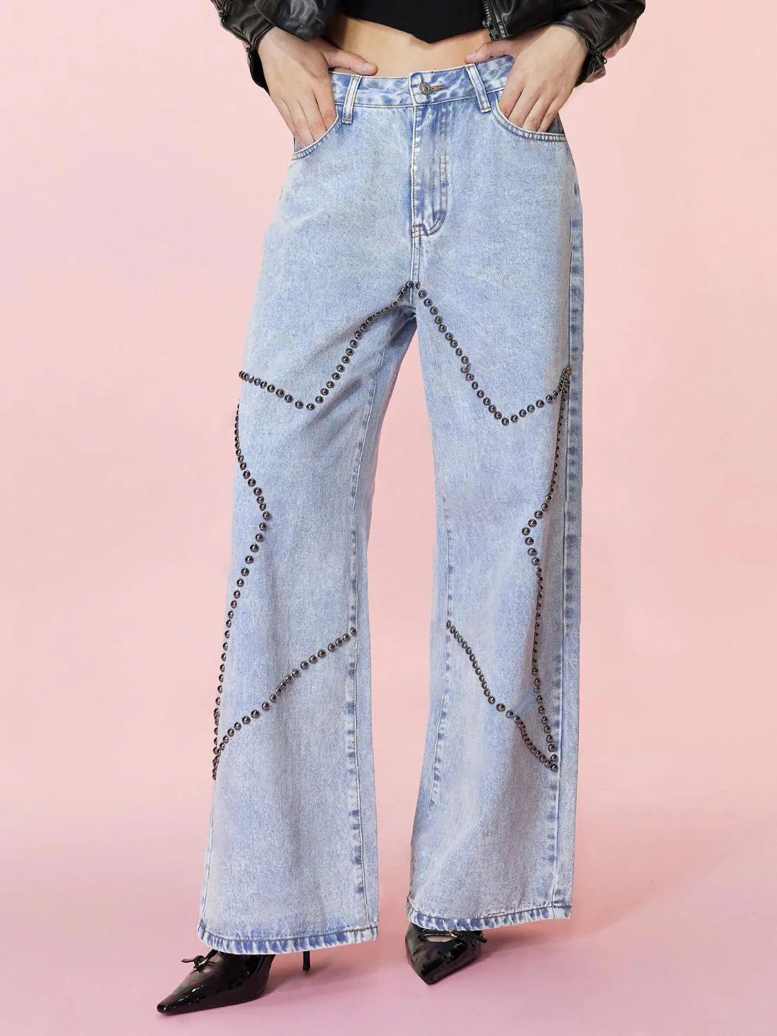 Studded Star Straight Jeans with Pockets S | Casual Chic Boutique