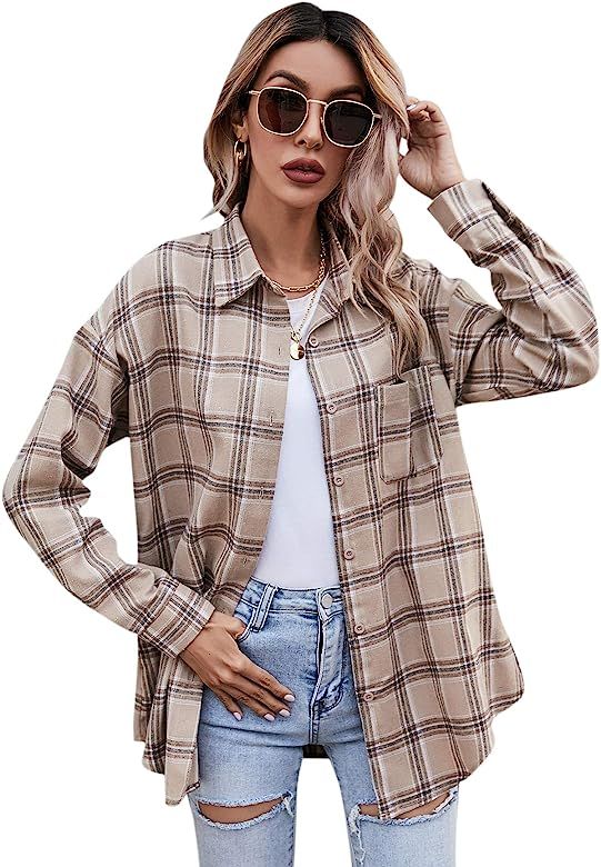 SheIn Women's Basic Long Sleeve Collar Plaid Button Down Shirts Work Blouse Tops | Amazon (US)