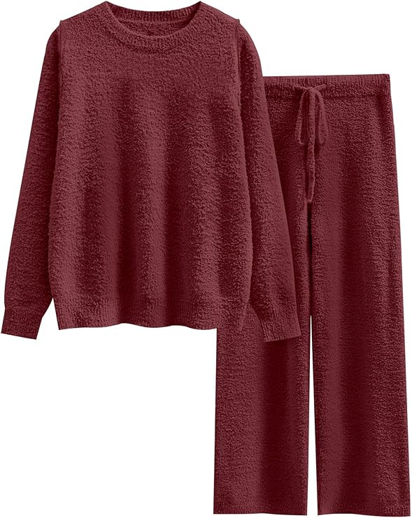ANRABESS Women's Fuzzy Fleece Pajama Sets 2 Piece Outfits Long Sleeve Top Wide Leg Pants Lounge M... | Amazon (US)