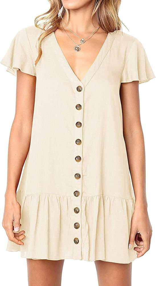 Chuanqi Womens Polka Dot V Neck Button Down Ruffles Casual Loose Swing Short Mini T-Shirt Dress | Amazon (US)