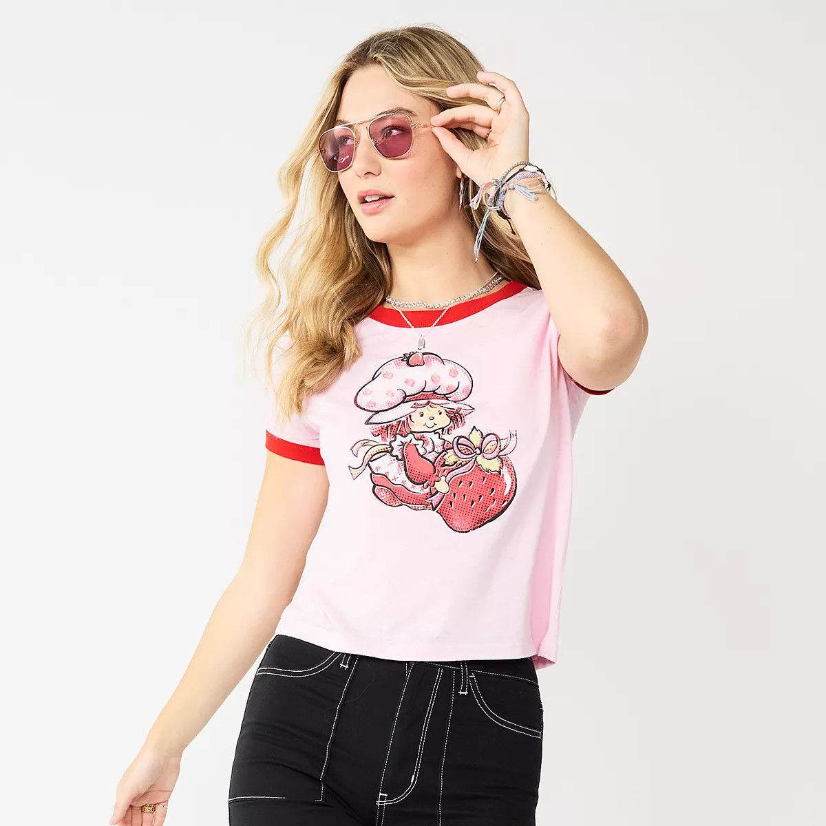 Juniors' Strawberry Shortcake Watercolor Ringer Graphic Tee | Kohl's
