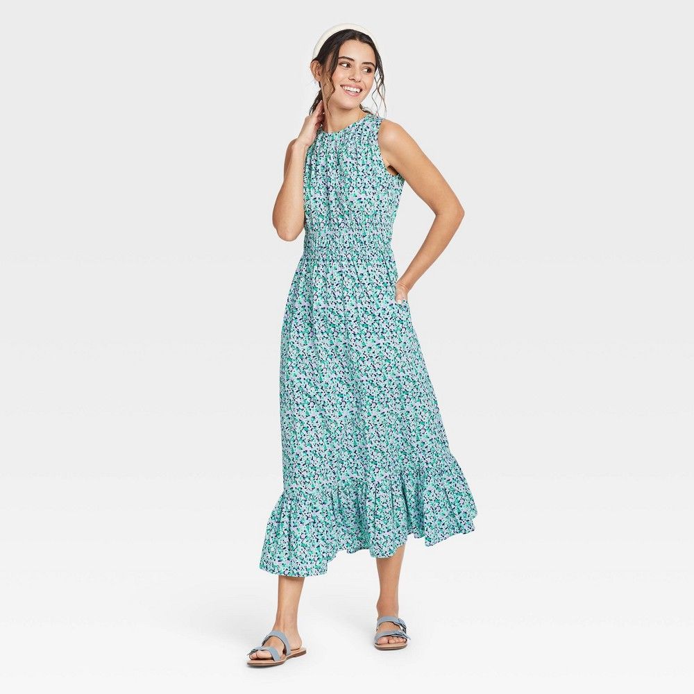 Women's Floral Print Sleeveless Smocked Waist Dress - A New Day Blue XL | Target