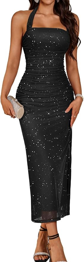 DRESSTELLS Womens Halter Sparkly Formal Maxi Dress Corset Ruched Bodycon Wedding Guest Holiday Dr... | Amazon (US)