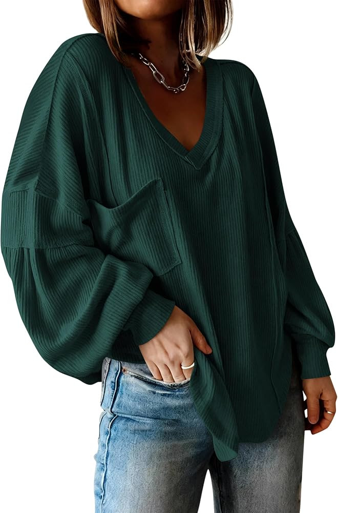 BTFBM Womens Fall Fashion 2026 Long Sleeve Shirts Casual V Neck Ribbed Knit Blouses Pullover Tren... | Amazon (US)