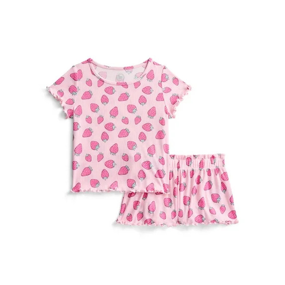 Wonder Nation Girls Ribbed Short Sleeve Top and Shorts Pajama Set, 2-Piece, Sizes 4-18 | Walmart (US)