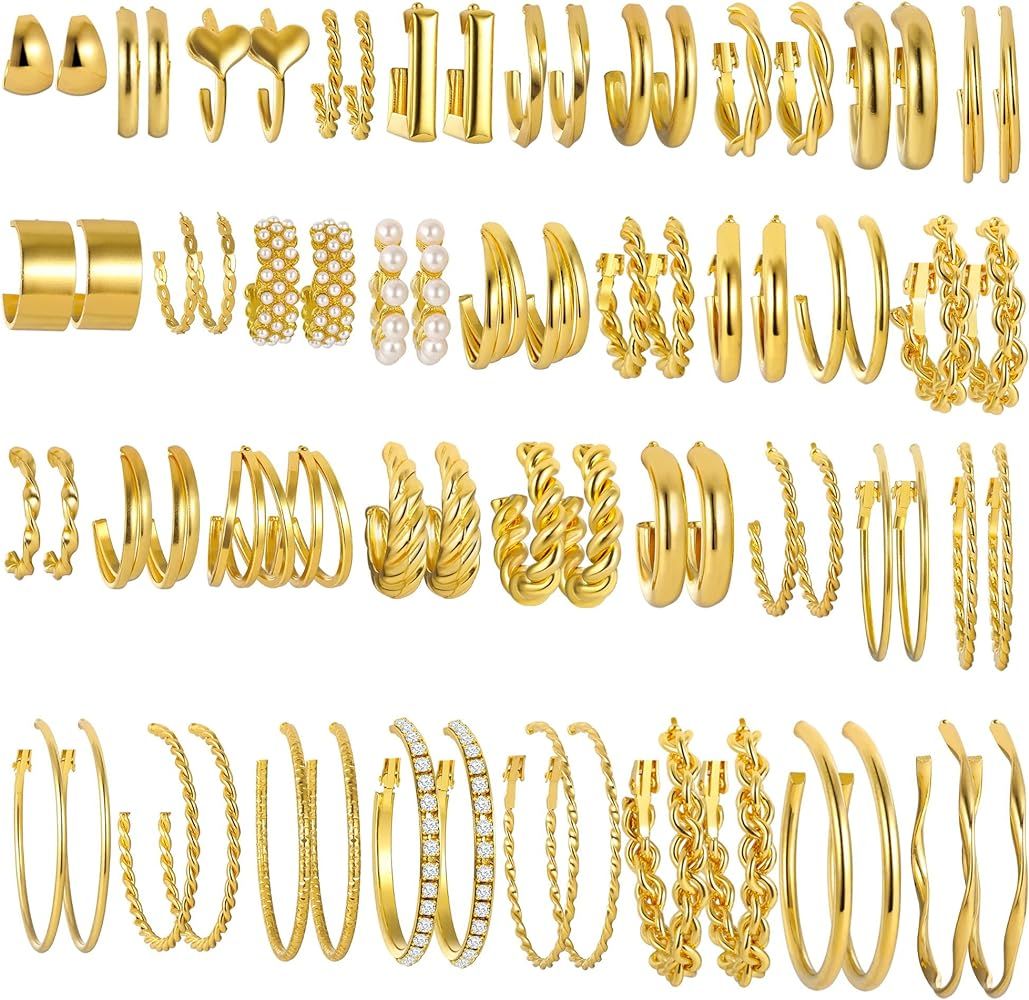 36 Pairs Gold Hoop Earrings Set for Women Girls Multipack, Hypoallergenic Chunky Chain Twisted Ho... | Amazon (US)