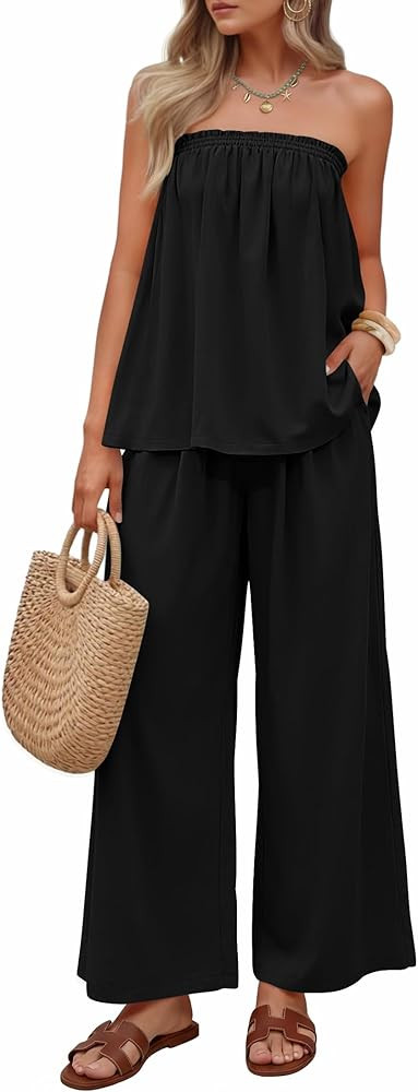 ZESICA Women's Summer 2 Piece Sets 2026 Spring Casual Strapless Tube Top Wide Leg Pants Ruffle Be... | Amazon (US)