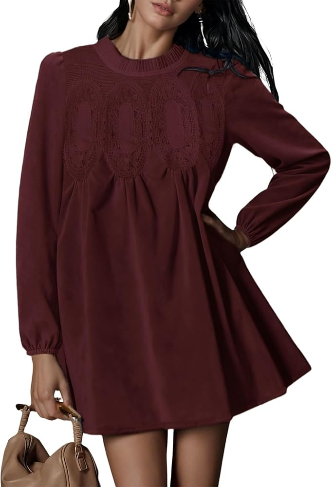 Athlisan Women's 2026 Fall Mini Dress Long Sleeve Faux Suede Lace Patchwork Babydoll A-Line Swing... | Amazon (US)