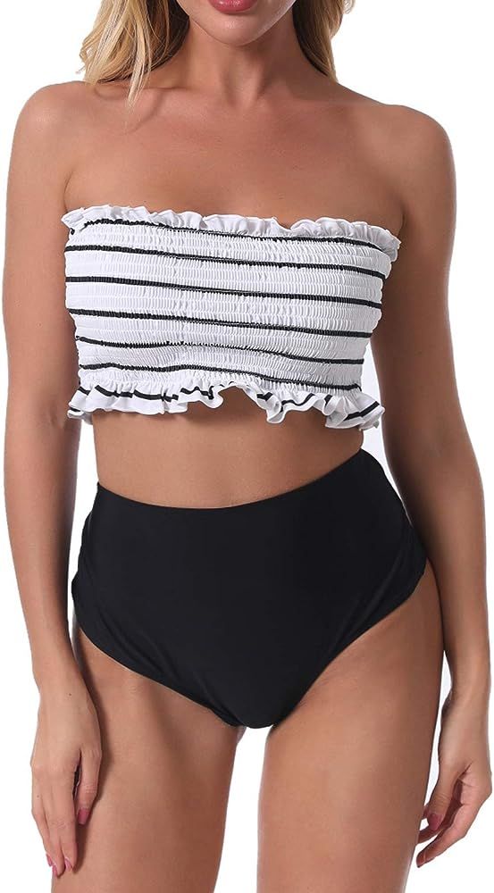 Womens Swimsuits Strapless Bikini Bandeau Tops Ruched Two Piece High Waisted Bathing Suits | Amazon (US)