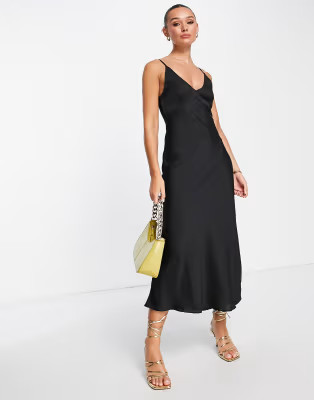 ASOS DESIGN high apex maxi slip dress in hammered satin in black | ASOS | ASOS (Global)