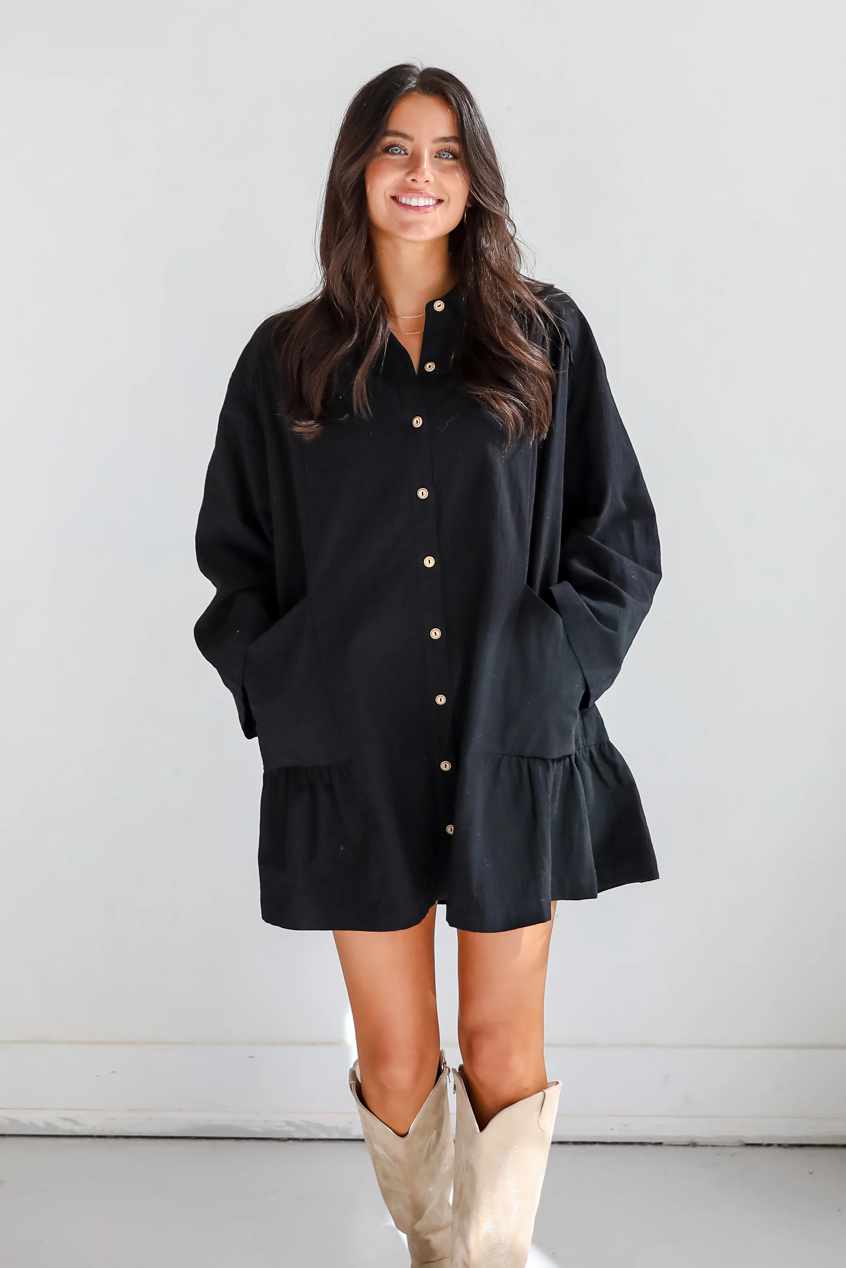 Chic Black Button Front Mini Dress | Shirt Dresses | ShopDressUp | Dress Up