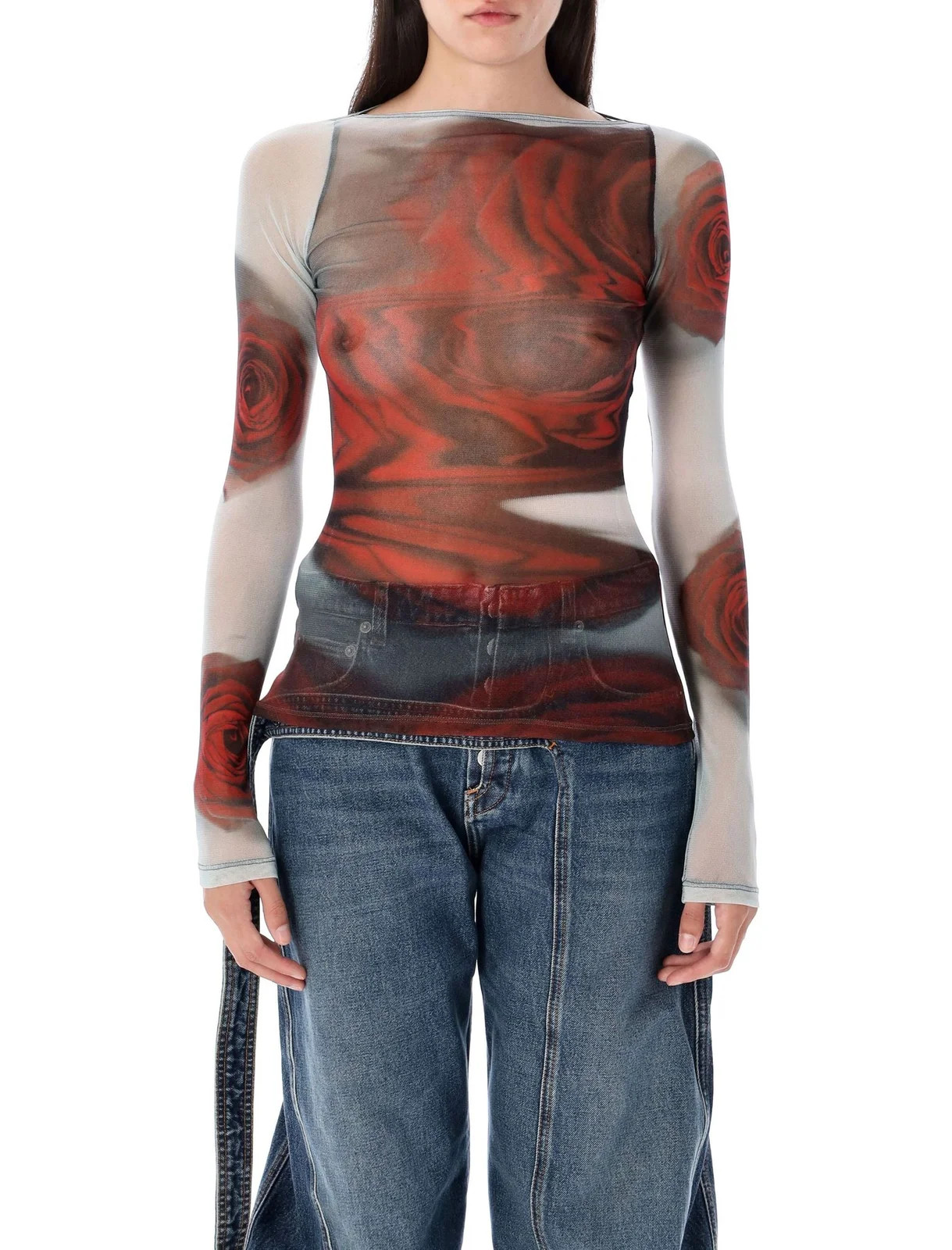 Jean Paul Gaultier Blurry Rose Mesh Top | Cettire Global