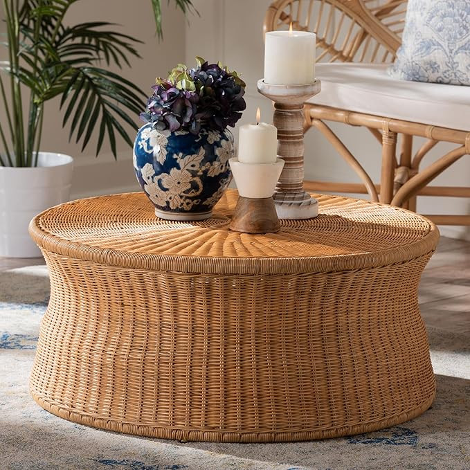bali & pari Caroline Round Natural Rattan Coffee Table – Handwoven Wicker Drum Shape Accent Tab... | Amazon (US)
