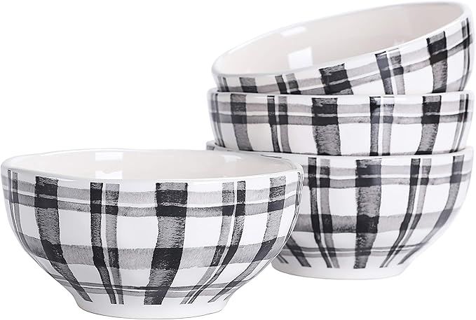 Bico Black and White Plaid Ceramic Cereal Bowls, Set of 4, for Pasta, Salad, Cereal, Soup & Micro... | Amazon (US)