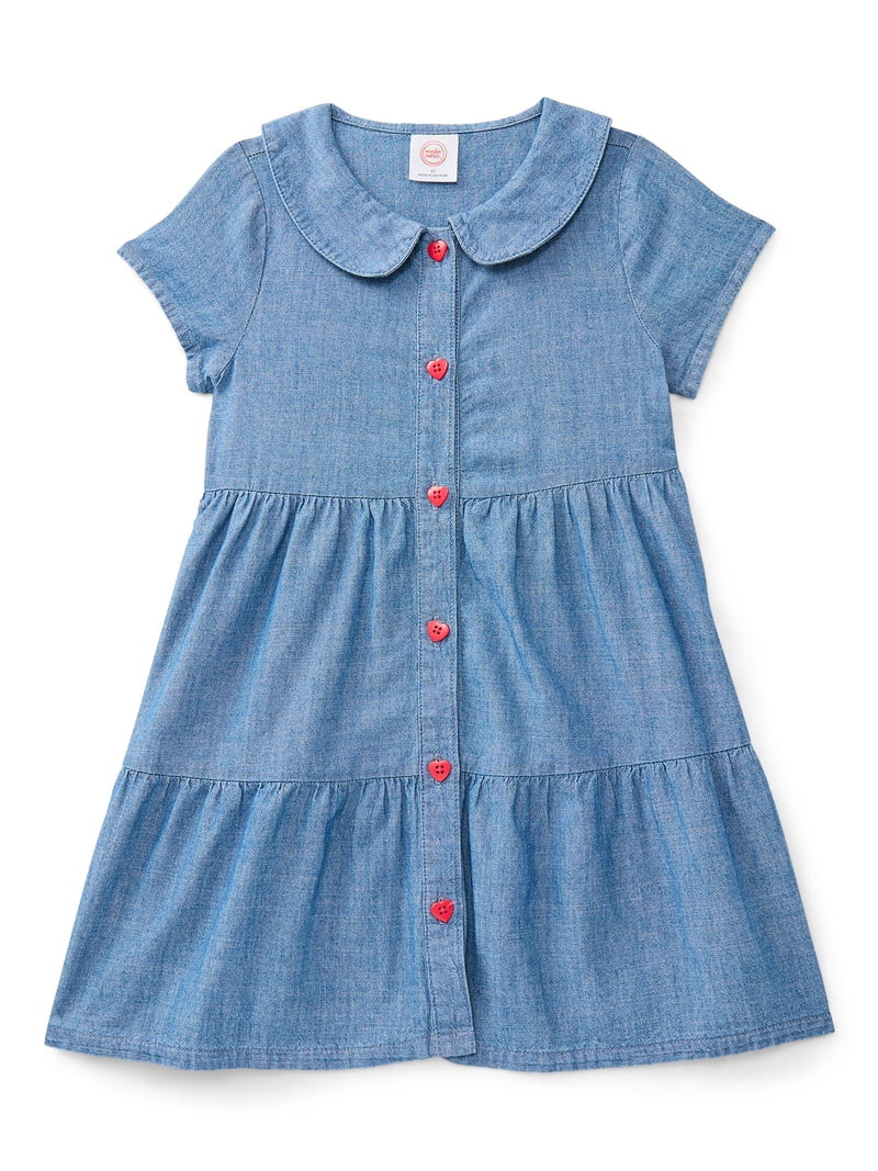 Wonder Nation Toddler Girls Cotton Tiered Denim Dress with Short Sleeves, Sizes 12M-5T | Walmart (US)