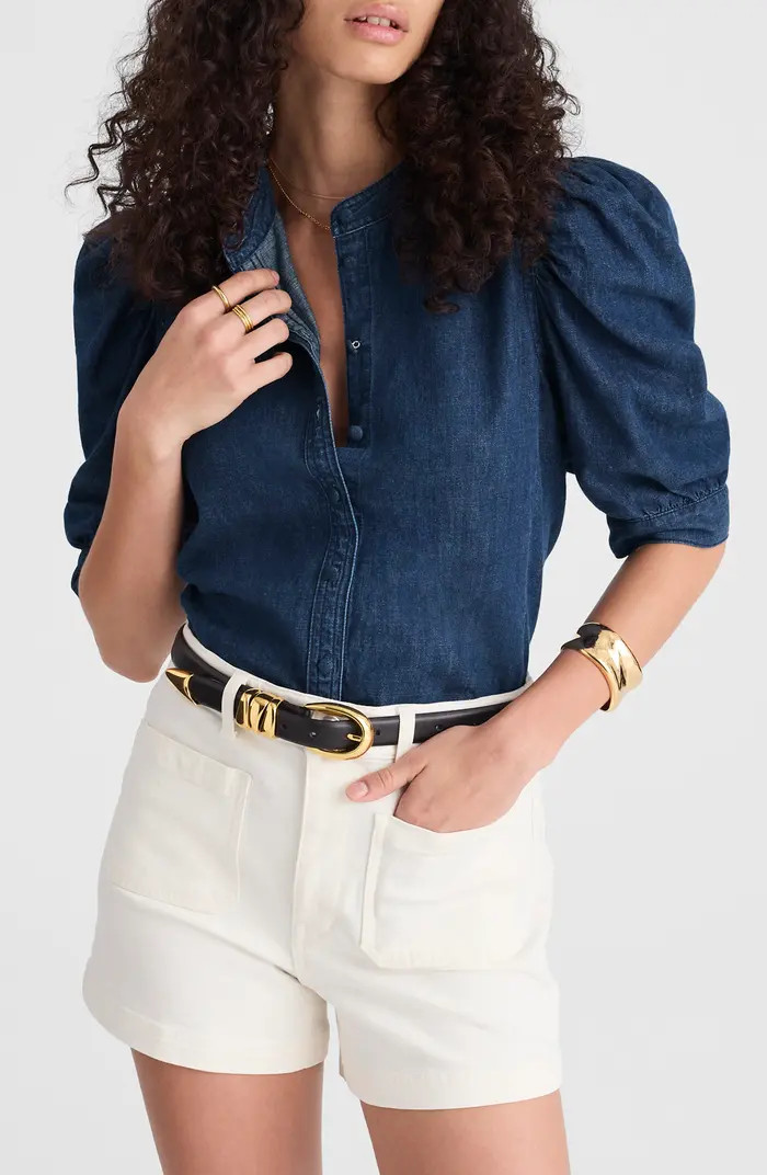 Denim Puff Sleeve Band Collar Shirt | Nordstrom