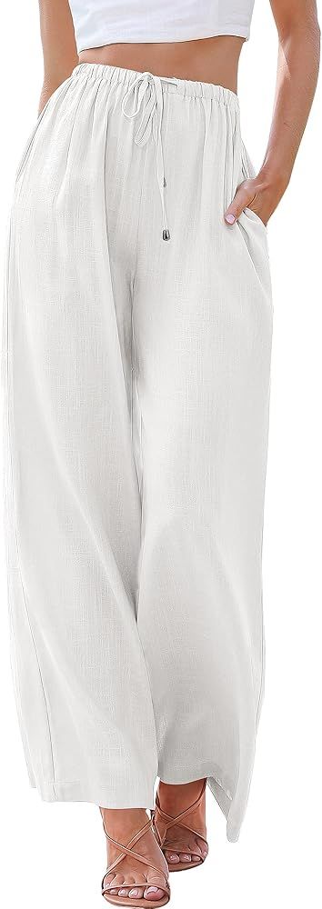 ANRABESS Women's Linen Summer Palazzo Pants Elastic Waist Casual Beach Trendy Wide Leg Trousers w... | Amazon (US)