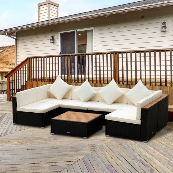Arael 7-Piece Patio Furniture Sets PE Rattan Sectional Sofa Set Outdoor Conversation Set W/ Acaci... | Wayfair North America