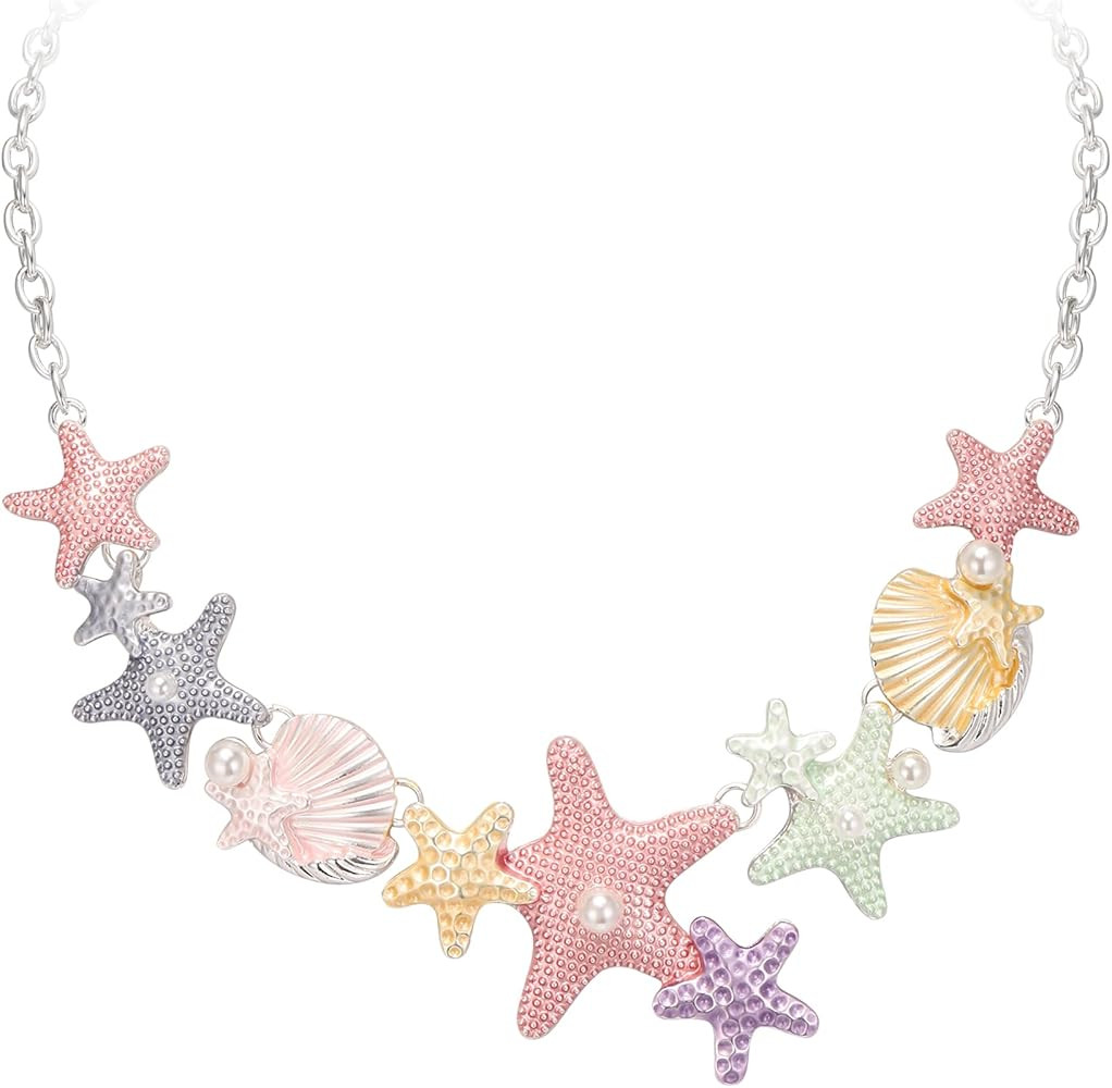 Enamel Flower Buffterfly Starfish Shell Statement Pendant Necklace for Girl, Bohemian Boho Fashio... | Amazon (US)