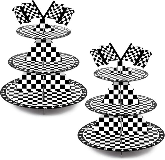 2 Set 3-Tier Race Car Cupcake Stand Round Cardboard Cupcake Tower Race Car Party Decorations Dess... | Amazon (US)