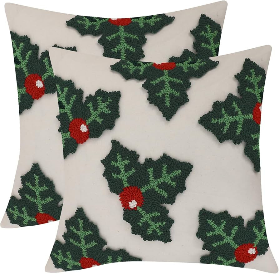 LUOYEHK Christmas Pillow Covers 18x18 Set of 2 Farmhouse Rustic Holly Leaves Decorative Throw Pil... | Amazon (US)