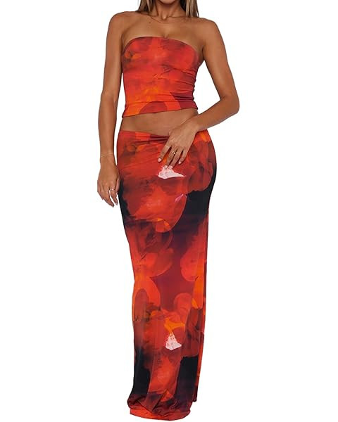ksotutm Maxi Skirt Set Floral Print Halter Top Maxi Skirt Sexy Going Out Outfits for Women | Amazon (US)