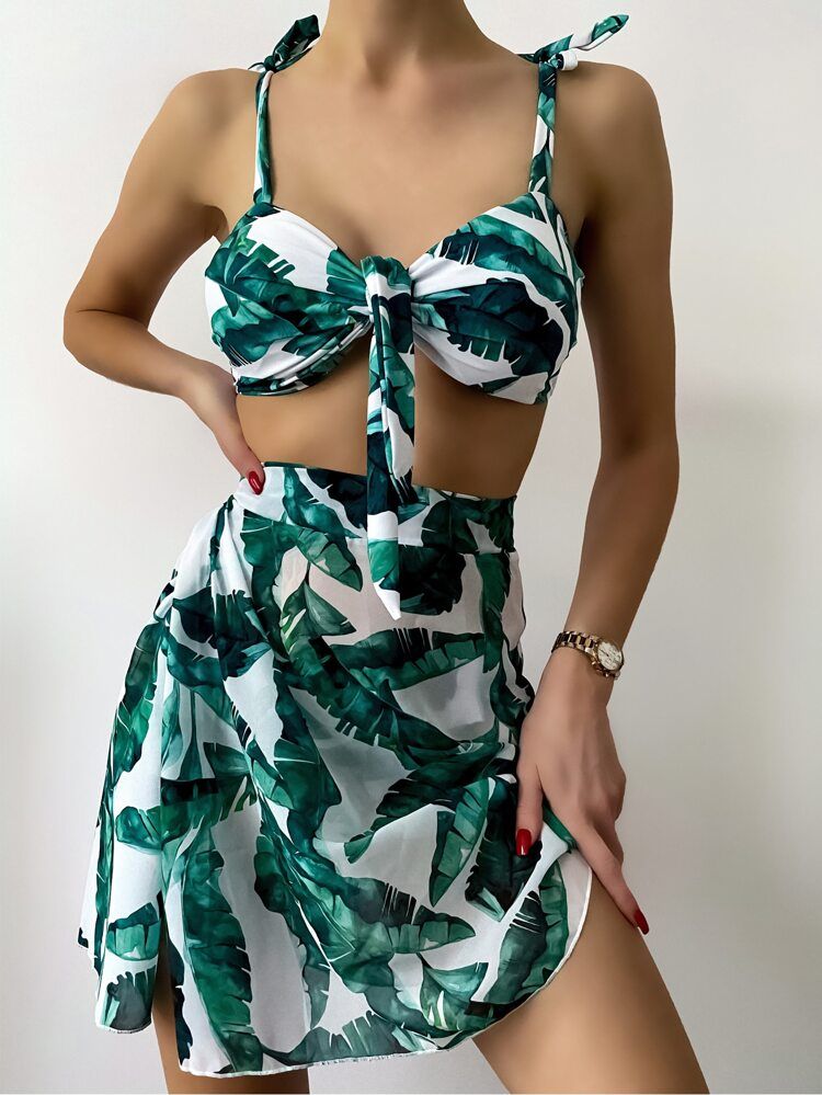 3pack Tropical Knot Front Bikini Swimsuit & Beach Skirt | SHEIN