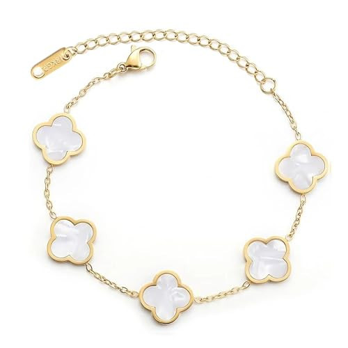 GRBeid 18K Gold Plated Clover Lucky Bracelet for Women Flower Four Leaf Link Bracelets Dupes Trendy Jewelry Birthday Gifts for Women/Mom/Wife/Daughter/Girlfriend/Besties/Sister/Grandma/Nana (White) | Amazon (US)