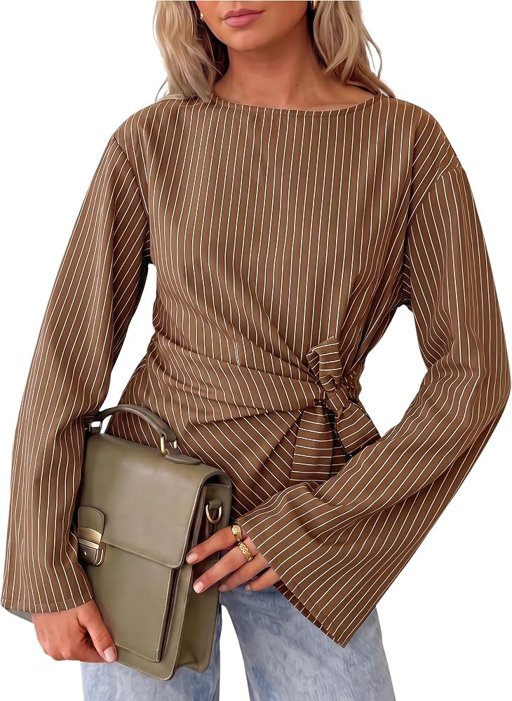 Cicy Bell Womens Cinched Waist Wrap Tops Bell Sleeve Boat Neck Blouse Shirt | Amazon (US)