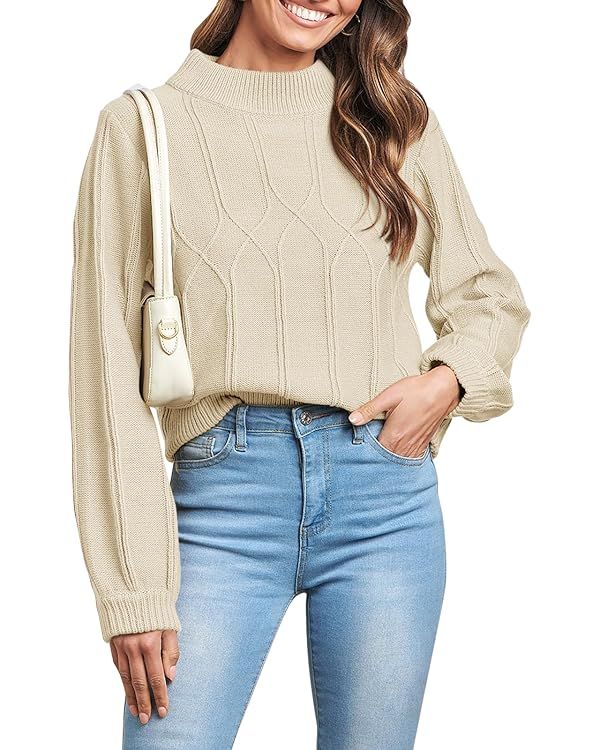 ANRABESS Women's Mock Neck Long Sleeve Casual Loose Cable Knit Fall Cropped Pullover Sweater Jump... | Amazon (US)